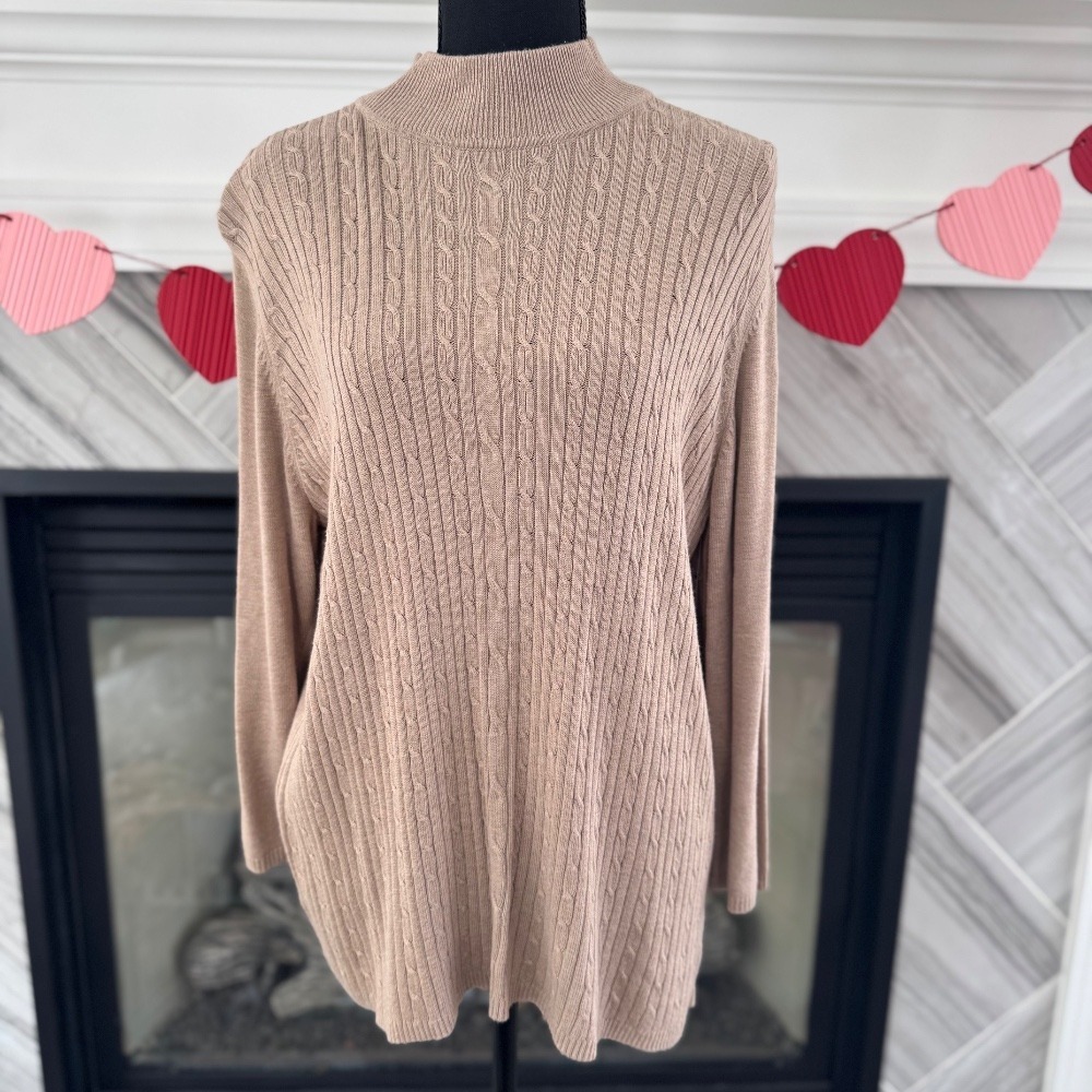 Evan Picone‎ Cable Knit Mock Neck Tunic Sweater Long Sleeve Pullover Top XL